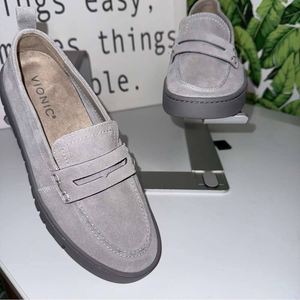 Vionic Uptown Gray Suede Slip-on Penny Loafers